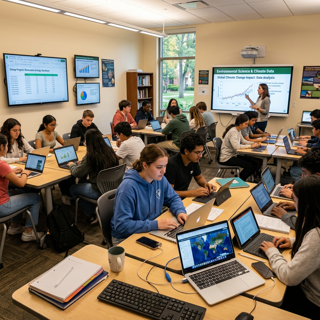 Classroom of students using laptops with teacher presenting environmental science data on screen